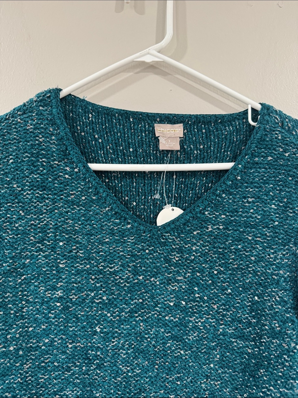 Chico’s NEW Teal V-Neck Textured Knit sequin metallic pullover Sweater - Picture 3 of 7